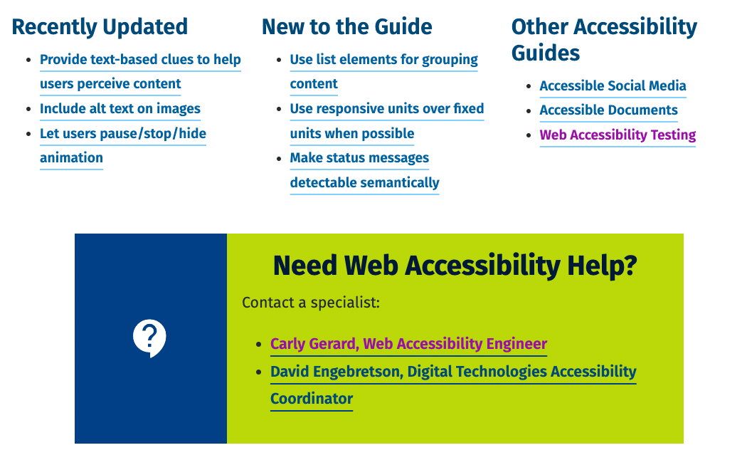 A section on getting accessibility help is in a green rectangle, with an icon preceding in a blue box
