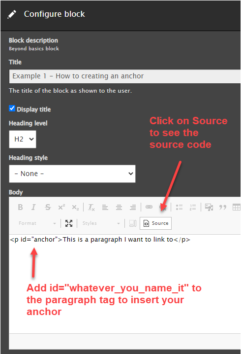 Screenshot highlighting the what you see editor set to source, with an ID added to a paragraph tag