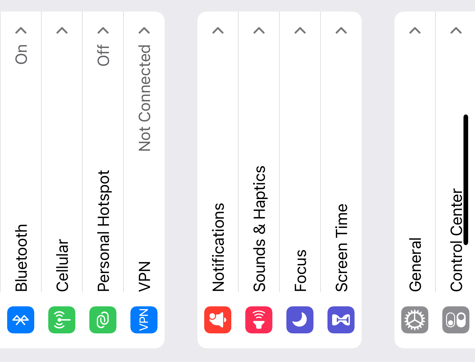 The settings menu is horizontal to show landscape, with menu items rotated 90 degrees to the right
