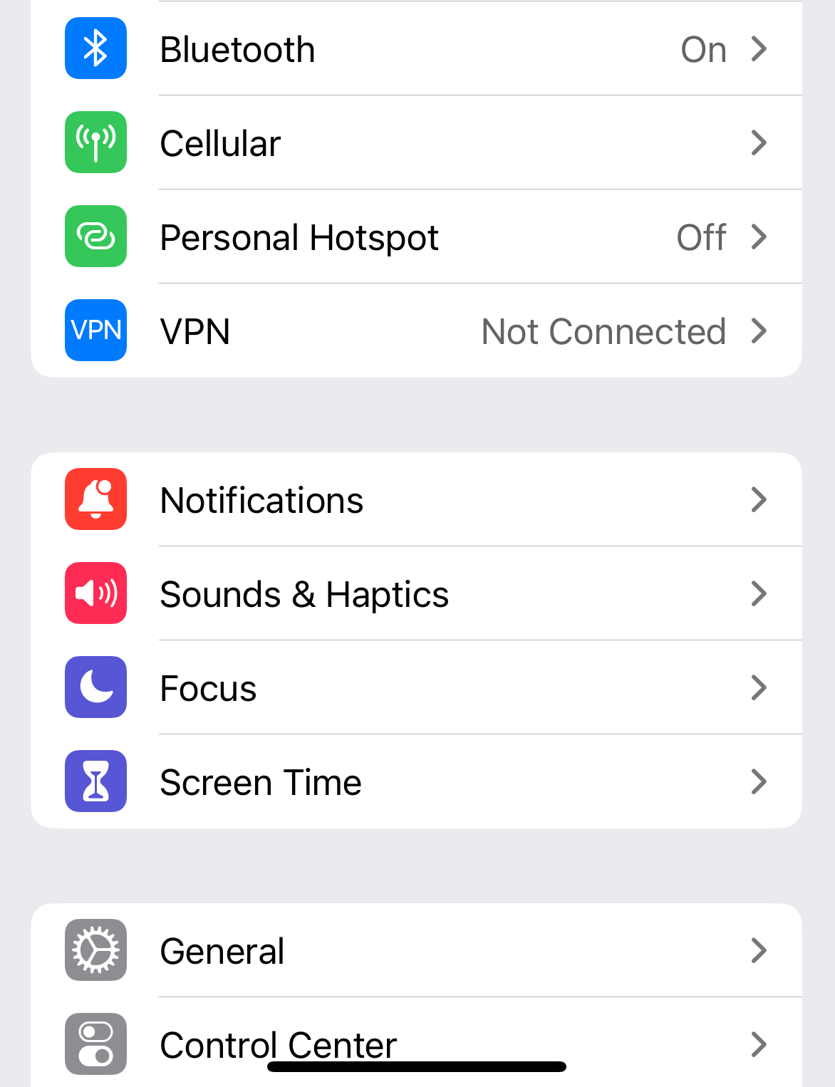 Apple settings options stacked vertically when viewing in portrait mode