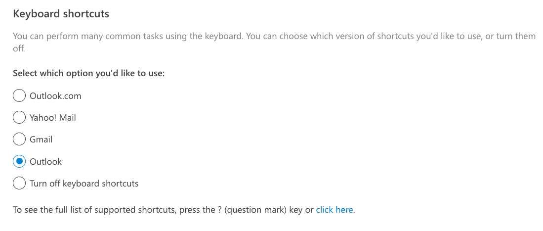 Five radio buttons with different email provider options that apply their keyboard shortcuts