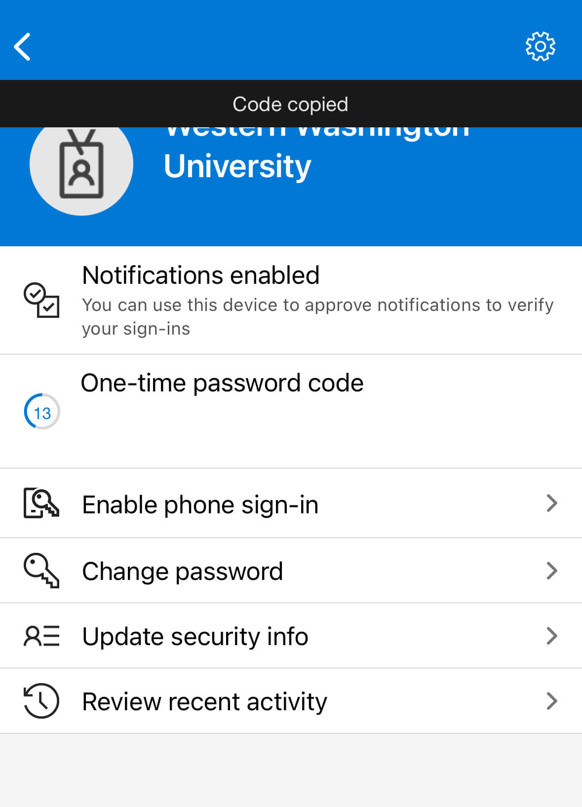 Microsoft authenticator shows an update that one time code is copied
