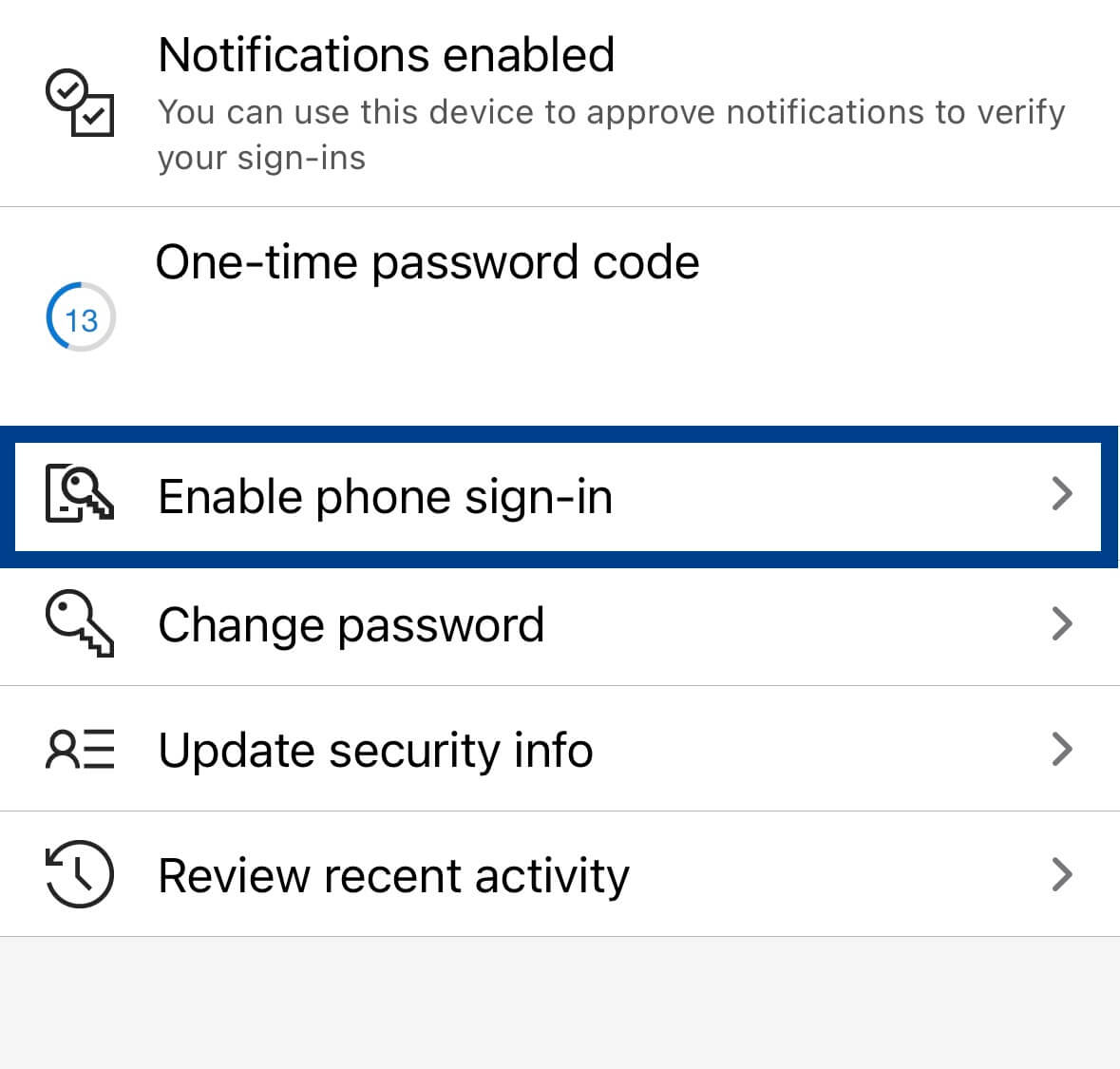 An authenticator account entry includes the enable phone sign-in option