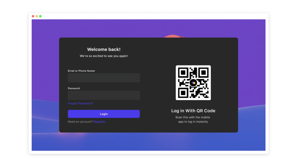 A login page starts with text fields, but offers a QR option to the right