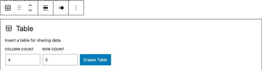 Wordpress Table component create wizard showing number of columns and rows.
