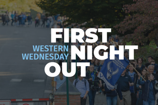 Graphic of students walking with the text "Western Wednesday First Night Out" over it