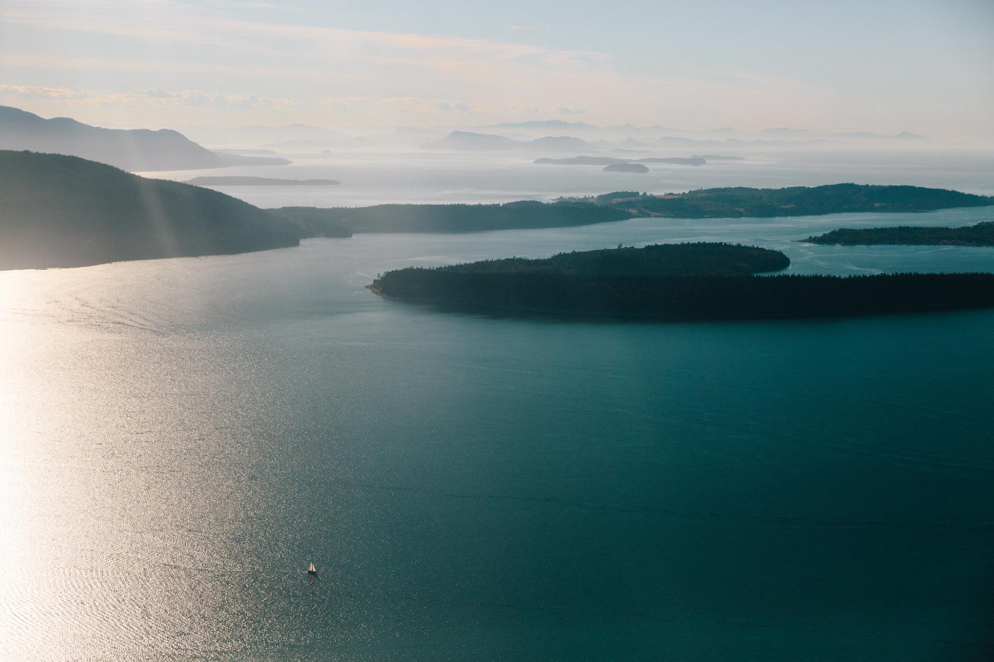 Aerial photo of Bellingham Bay at sunset.